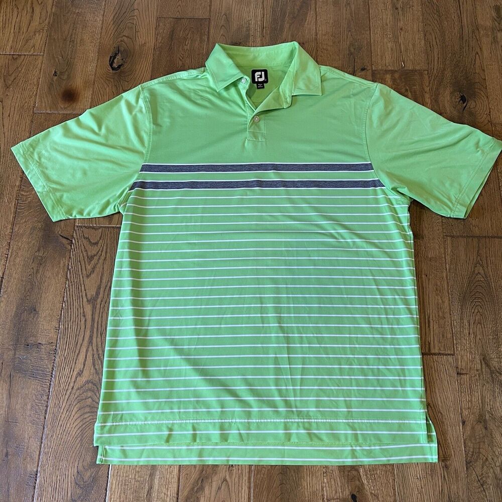 FootJoy FJ Men's Green Grey Striped Short Sleeve Logo Polo Golf Shirt Size L